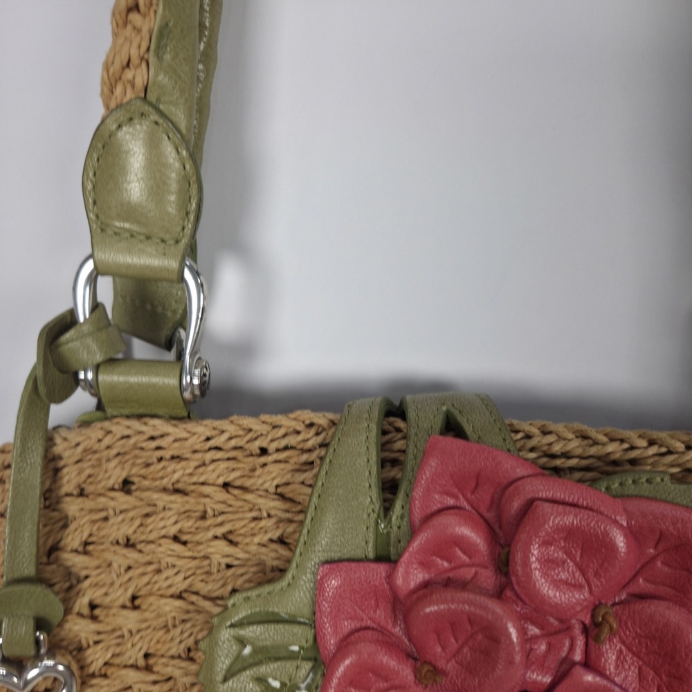 Brighton Shoulder Bag Tan Wicker Pink Leather Flower Accent Top Carry Handles - Picture 6 of 16